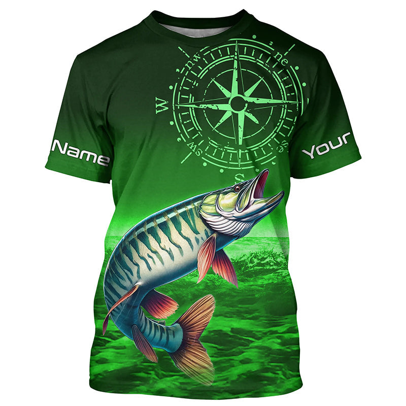 Personalized Musky Green Long Sleeve Performance Fishing, Muskie compass tournament NQS6333