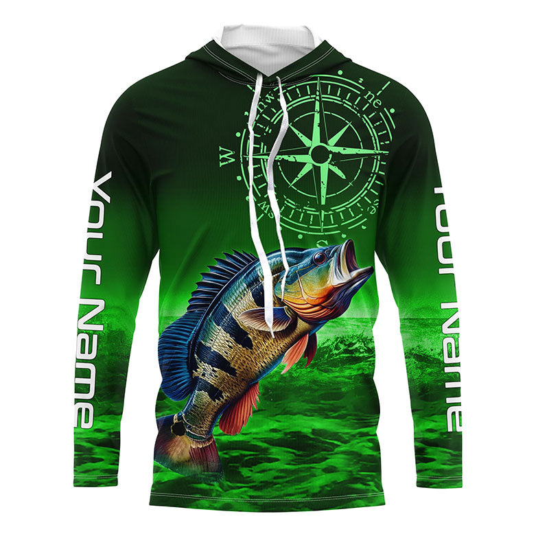Personalized Peacock Bass Green Long Sleeve Performance Fishing, Bass compass tournament NQS6334
