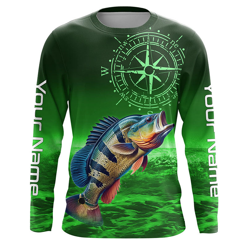 Personalized Peacock Bass Green Long Sleeve Performance Fishing, Bass compass tournament NQS6334