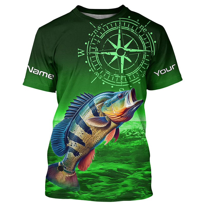 Personalized Peacock Bass Green Long Sleeve Performance Fishing, Bass compass tournament NQS6334