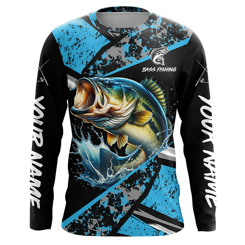 Largemouth Bass fishing Blue camo Long Sleeve Performance Fishing custom Bass fishing NQS7602