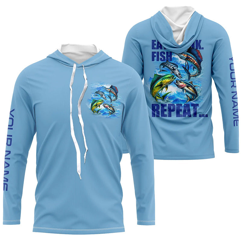 Saltwater offshore Fishing Custom Long Sleeve Performance Fishing Eat Drink Fish Repeat | Blue NQS5918