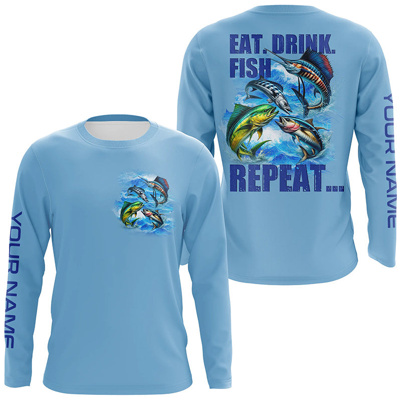 Saltwater offshore Fishing Custom Long Sleeve Performance Fishing Eat Drink Fish Repeat | Blue NQS5918