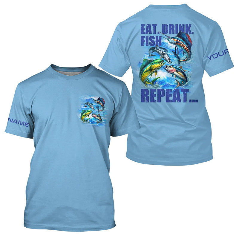 Saltwater offshore Fishing Custom Long Sleeve Performance Fishing Eat Drink Fish Repeat | Blue NQS5918
