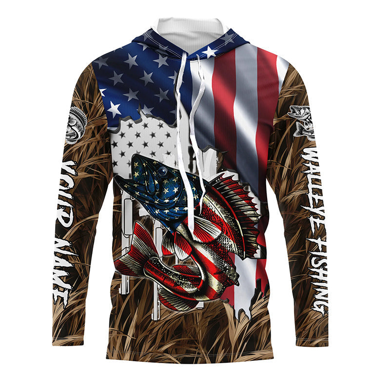 American flag patriot Walleye camo fishing, custom long sleeve sun protection fishing apparel NQS4109