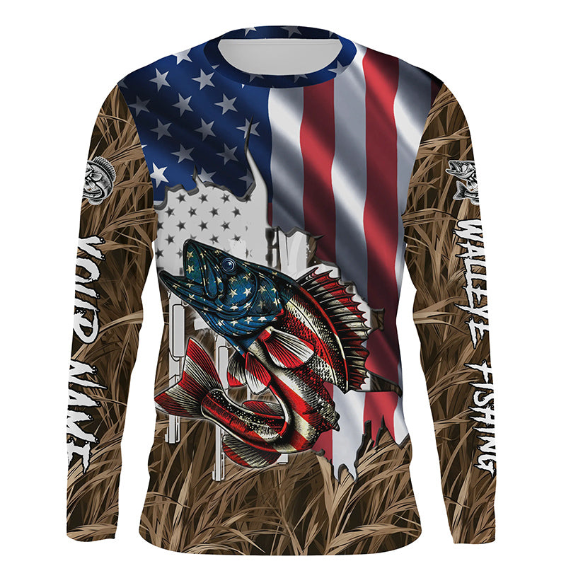 American flag patriot Walleye camo fishing, custom long sleeve sun protection fishing apparel NQS4109