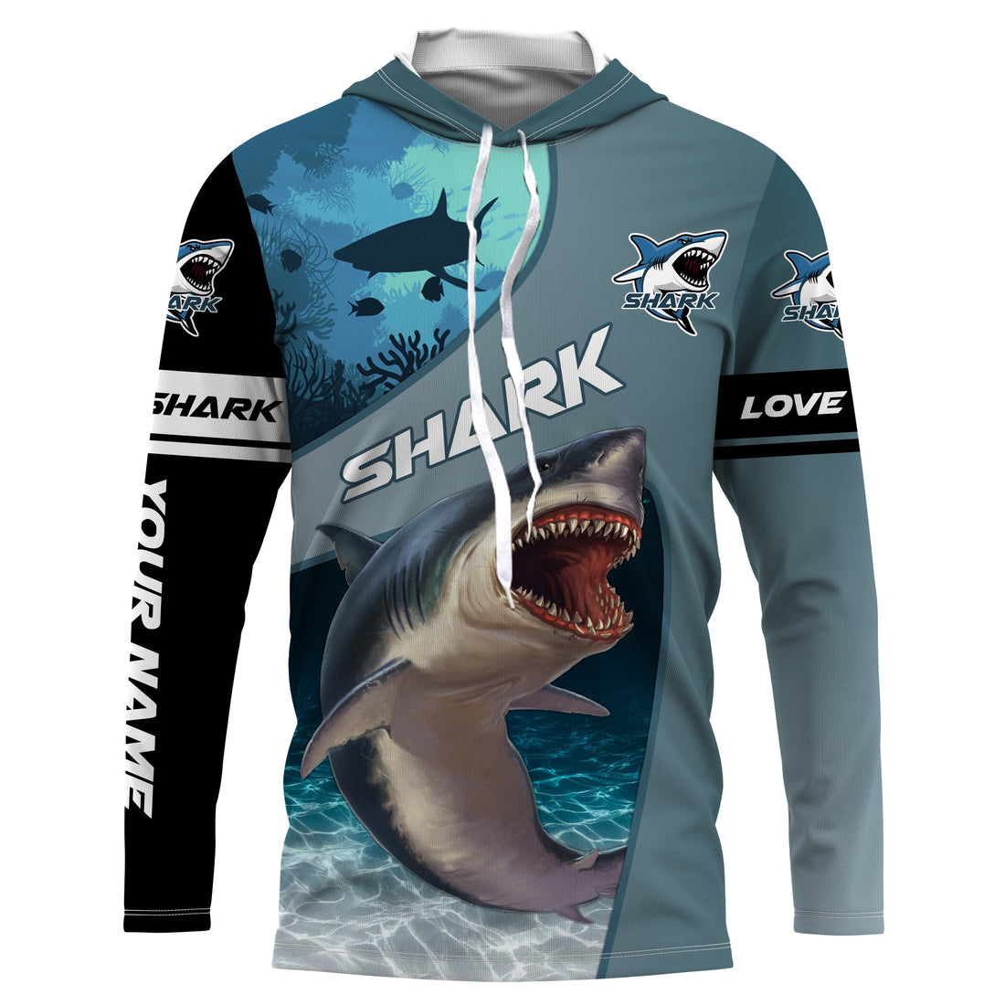 Shark fishing ocean blue color Custom Name 3D UV Protection long sleeve fishing, women NQS3036