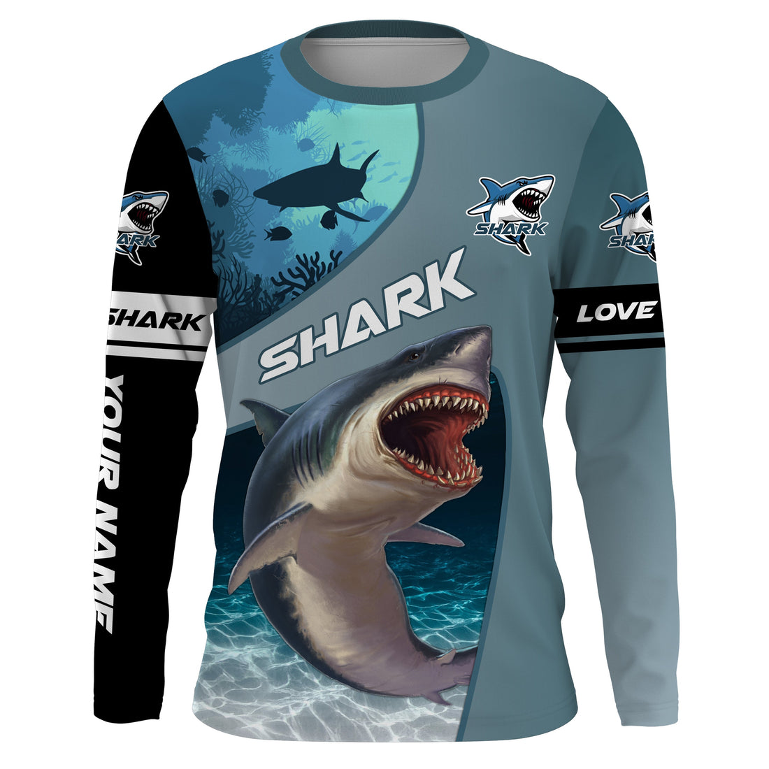 Shark fishing ocean blue color Custom Name 3D UV Protection long sleeve fishing, women NQS3036