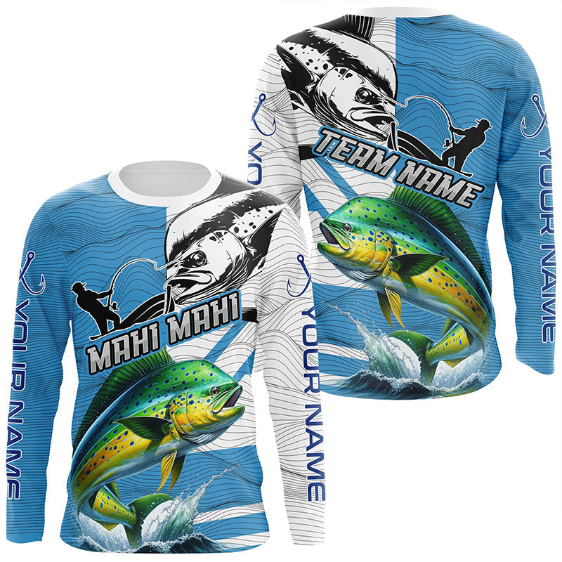 Mahi mahi Fishing Blue Camo UV protection custom long sleeve fishing apparel, Dorado fishing NQS8235