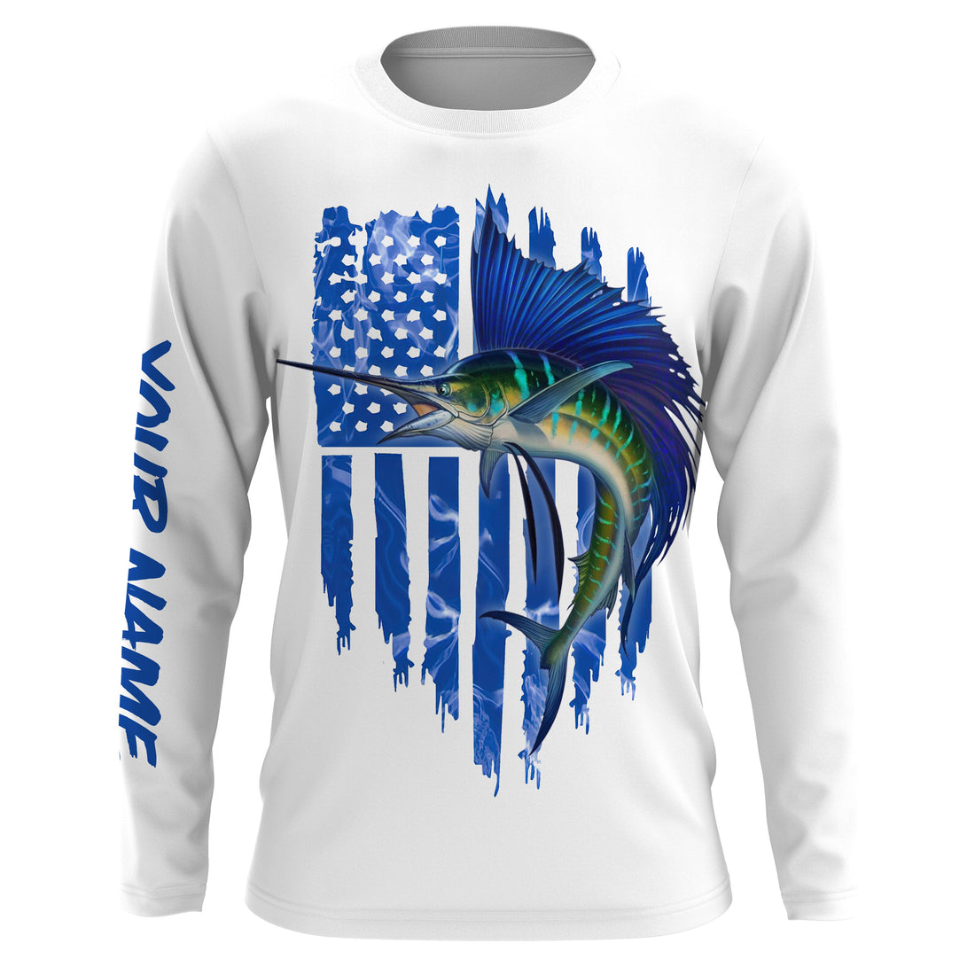 Sailfish fishing blue American flag patriotic fishing UV protection Customize name long sleeves UPF 30+ gift for fisherman NQS2353