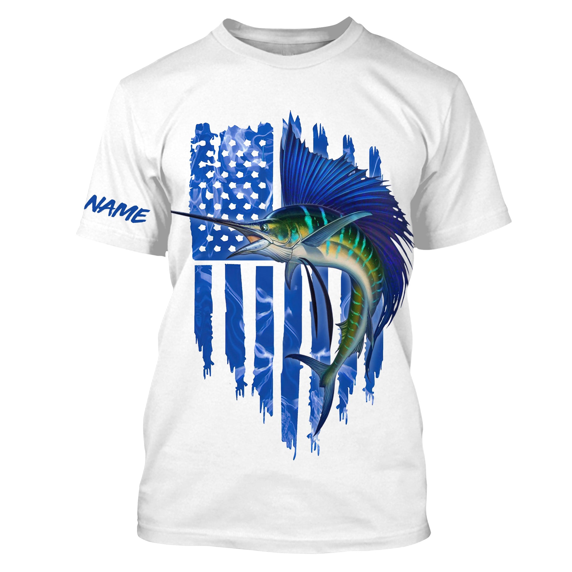 Sailfish fishing blue American flag patriotic fishing UV protection Customize name long sleeves UPF 30+ gift for fisherman NQS2353