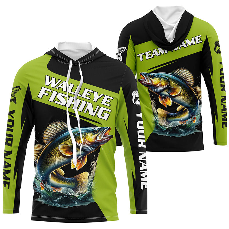 Black Green Walleye fishing Custom Long Sleeve Tournament Fishing, Performance Fishing NQS7458