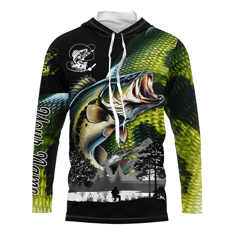 Largemouth Bass fishing scales green black Customize Name UV sun protection bass fishing NQS1946