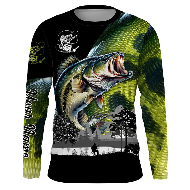 Largemouth Bass fishing scales green black Customize Name UV sun protection bass fishing NQS1946