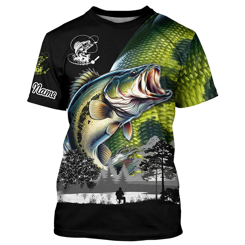 Largemouth Bass fishing scales green black Customize Name UV sun protection bass fishing NQS1946