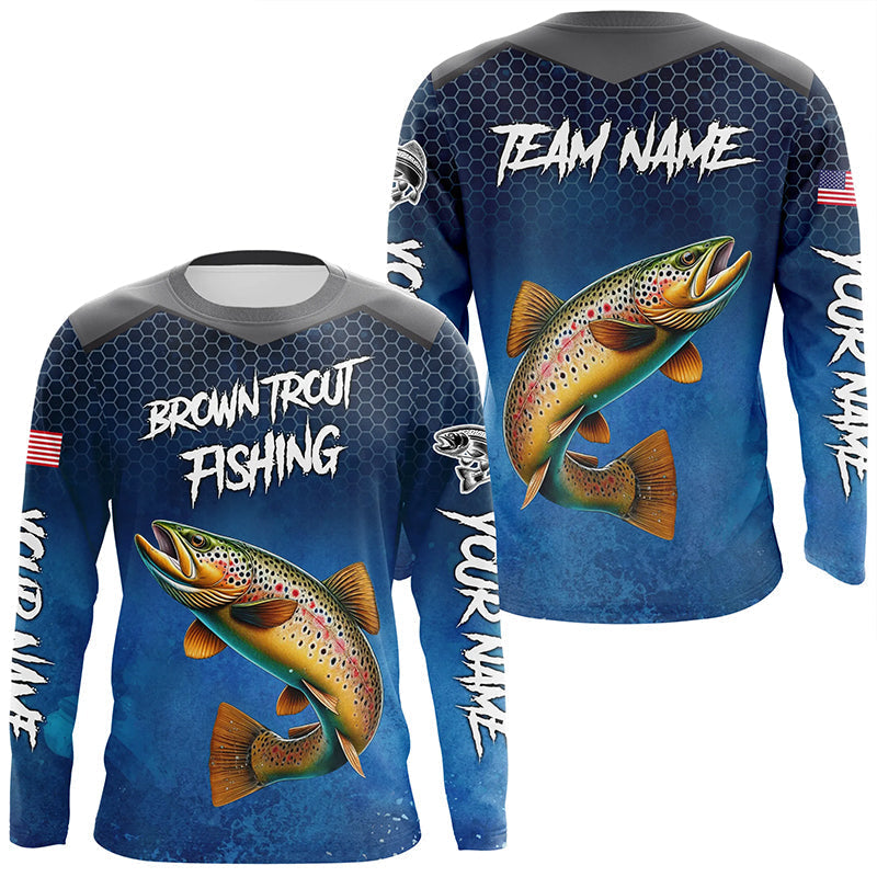 Blue camo Brown trout fishing Custom performance long sleeve team Trout fishing tournament NQS8238