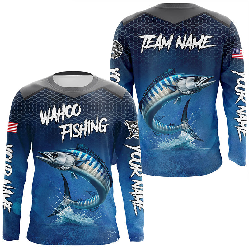 Blue camo Wahoo fishing Custom performance long sleeve team Wahoo fishing tournament NQS8240