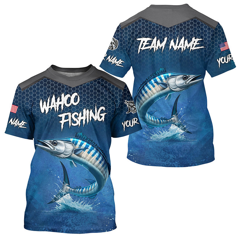 Blue camo Wahoo fishing Custom performance long sleeve team Wahoo fishing tournament NQS8240