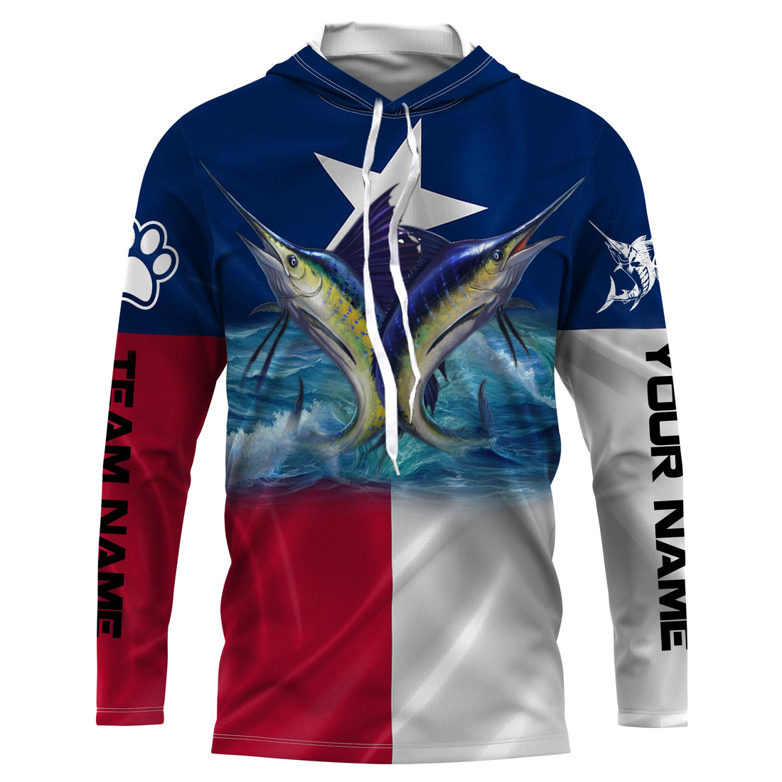 Marlin Sailfish fishing Texas flag custom name and team name fishing apparel, custom upf fishing NQS3052