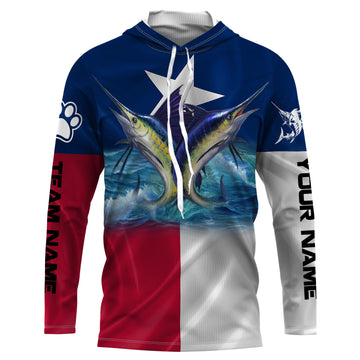 Marlin Sailfish fishing Texas flag custom name and team name fishing apparel, custom upf fishing NQS3052