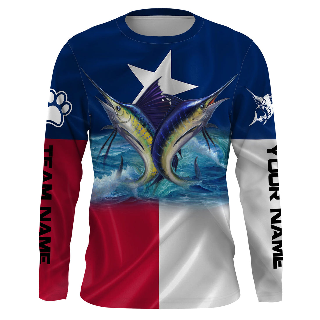 Marlin Sailfish fishing Texas flag custom name and team name fishing apparel, custom upf fishing NQS3052