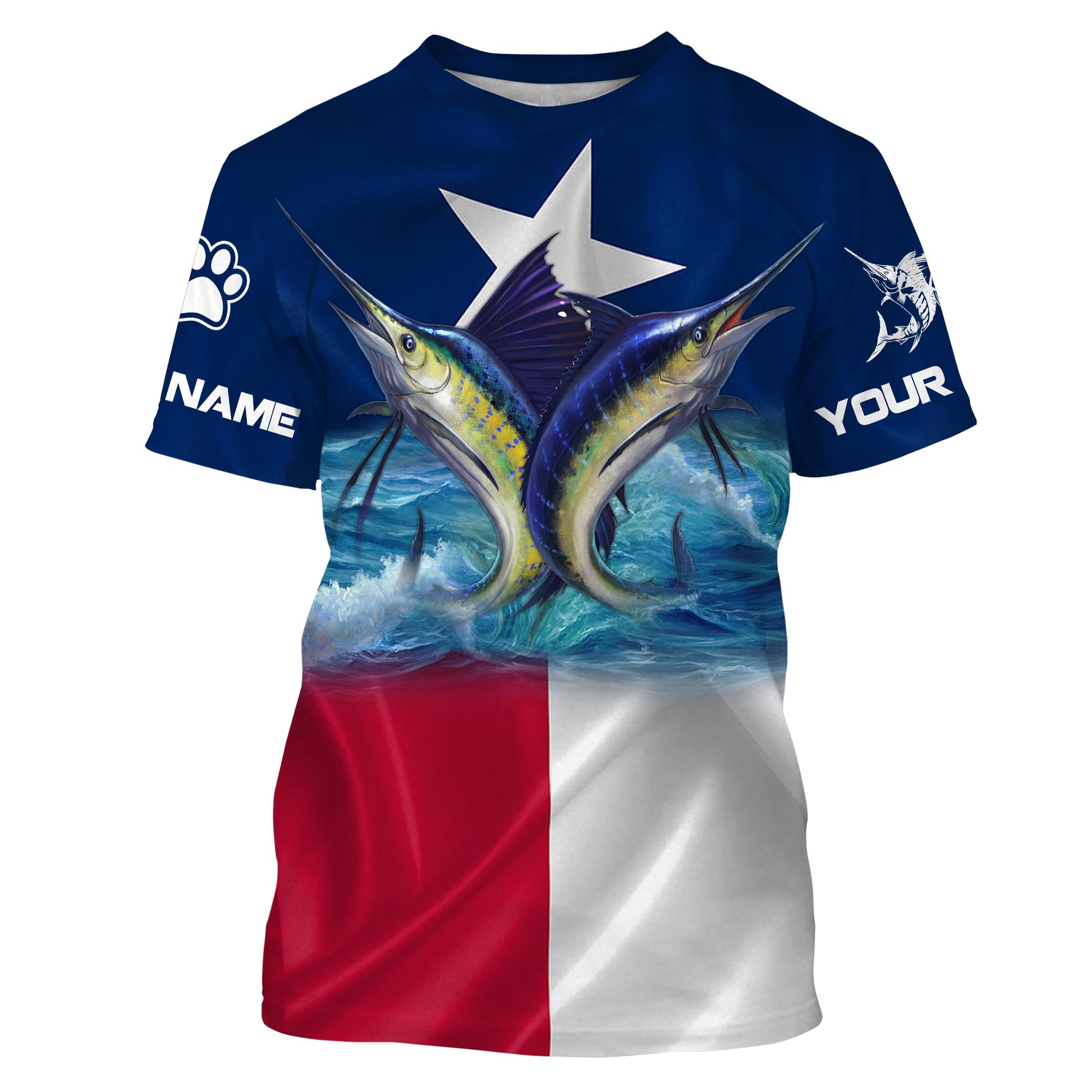 Marlin Sailfish fishing Texas flag custom name and team name fishing apparel, custom upf fishing NQS3052