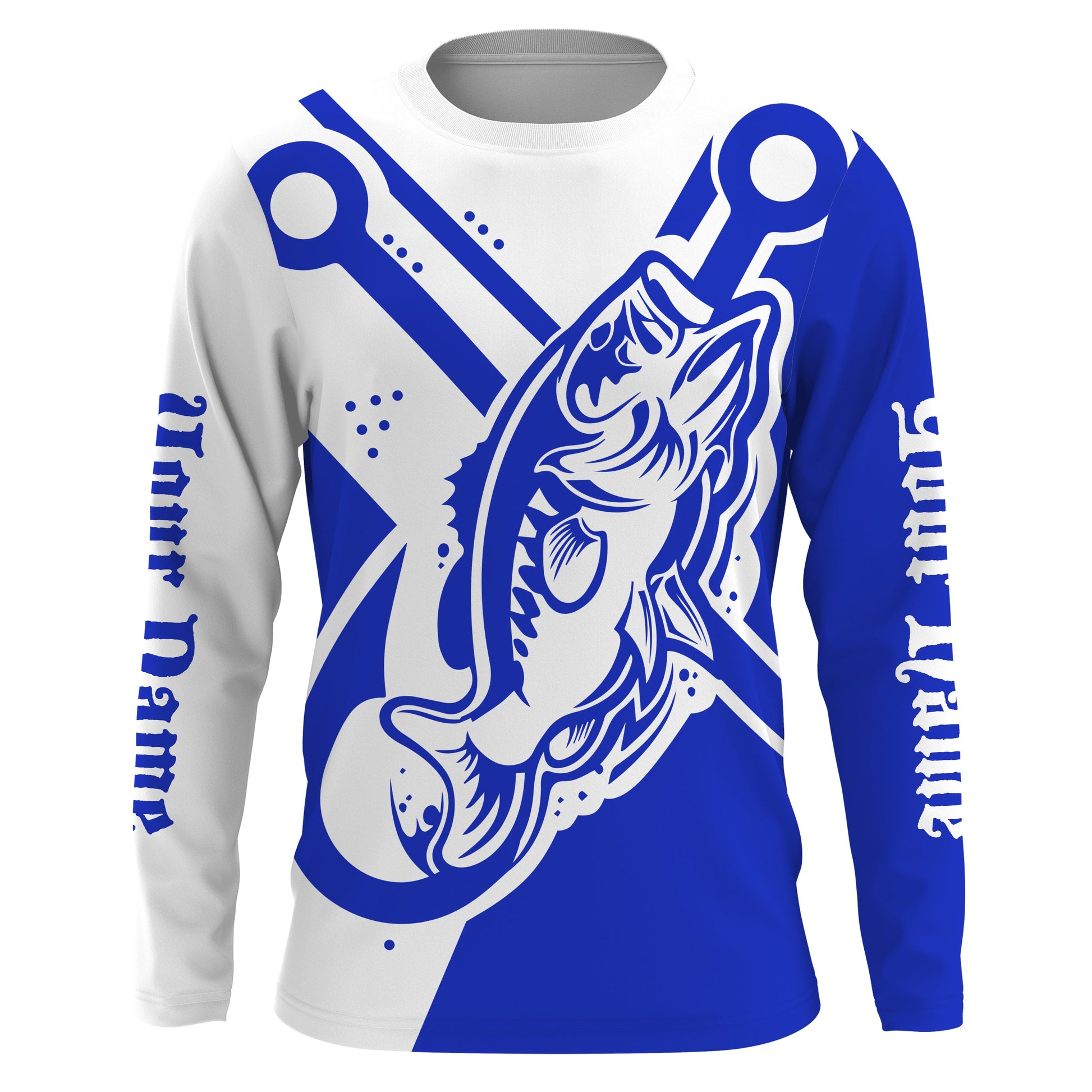Largemouth bass fishing tattoo fish on Custom Name performance long sleeve fishing | Blue NQS3746