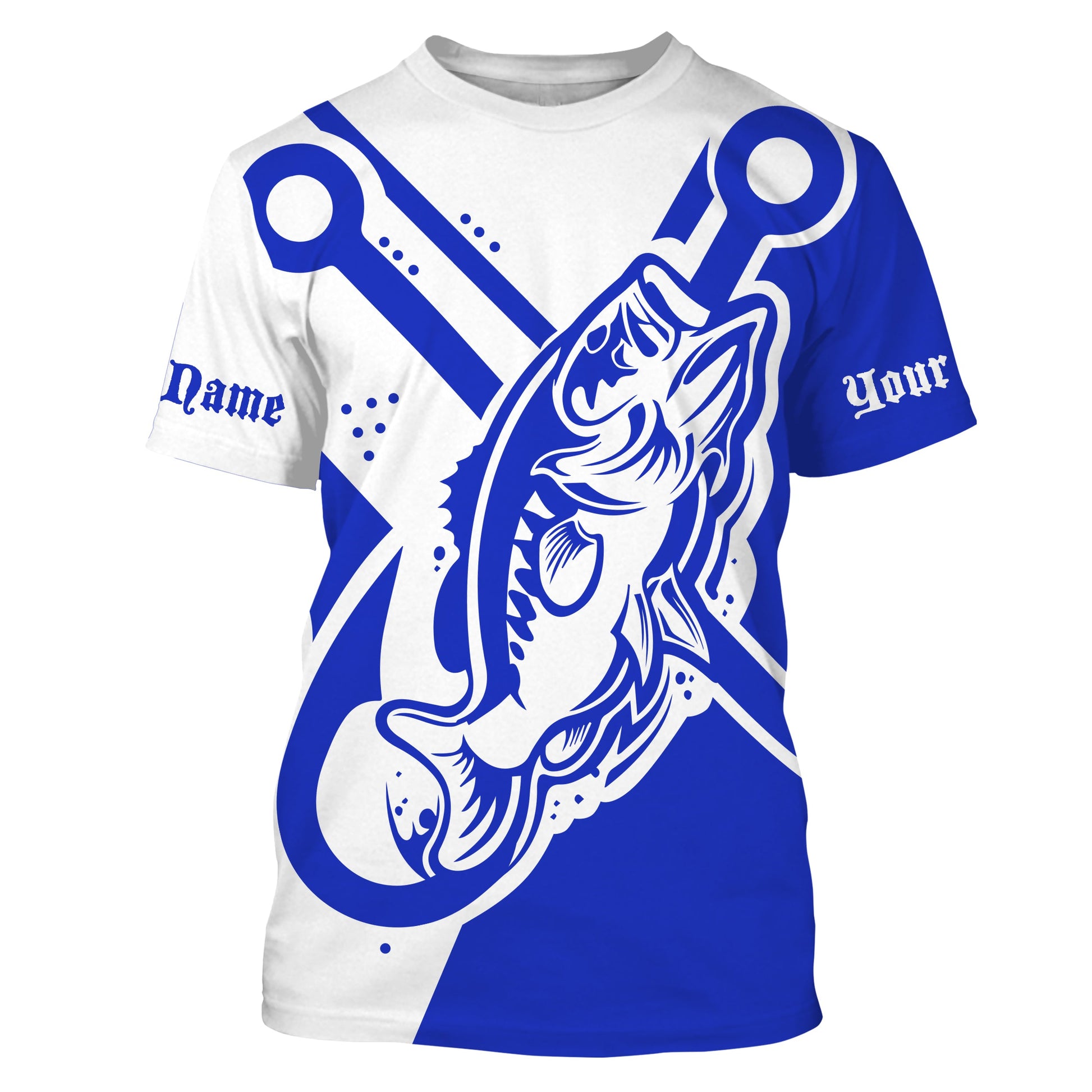 Largemouth bass fishing tattoo fish on Custom Name performance long sleeve fishing | Blue NQS3746
