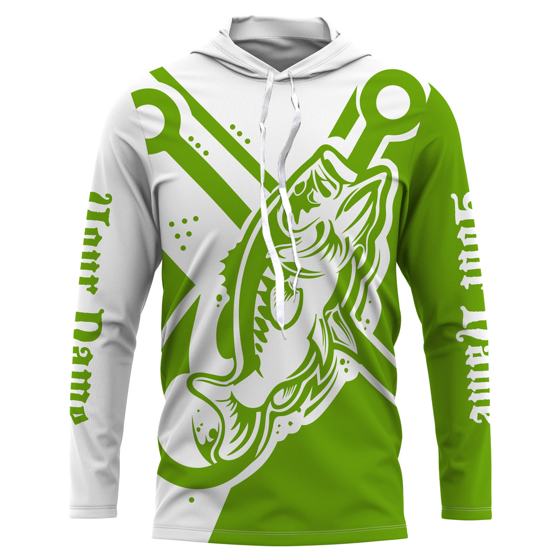 Largemouth bass fishing tattoo fish on Custom Name performance long sleeve fishing | Green NQS3747