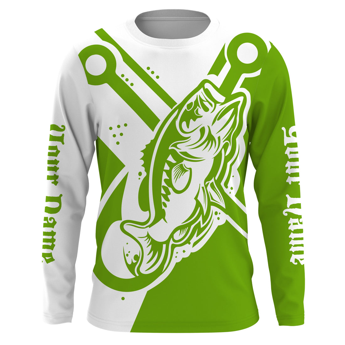 Largemouth bass fishing tattoo fish on Custom Name performance long sleeve fishing | Green NQS3747