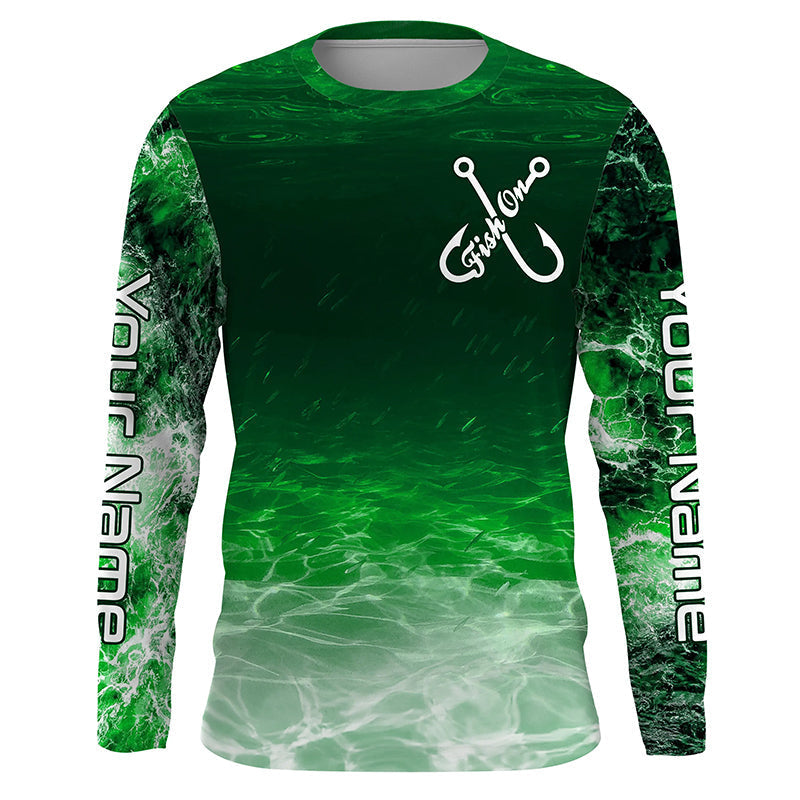 Fish on green sea water camo Custom Name performance long sleeve fishing uv protection NQS7039