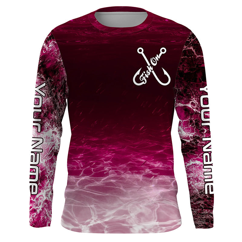 Fish on pink sea water camo Custom Name performance long sleeve fishing uv protection NQS7040