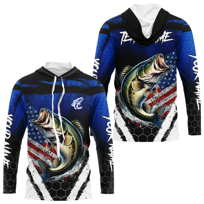 Largemouth Bass fishing American Flag Custom patriotic long sleeve team Bass fishing | Blue NQS9529