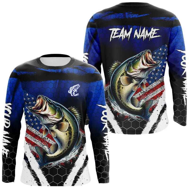 Largemouth Bass fishing American Flag Custom patriotic long sleeve team Bass fishing | Blue NQS9529