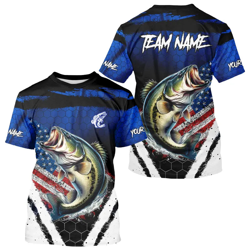 Largemouth Bass fishing American Flag Custom patriotic long sleeve team Bass fishing | Blue NQS9529