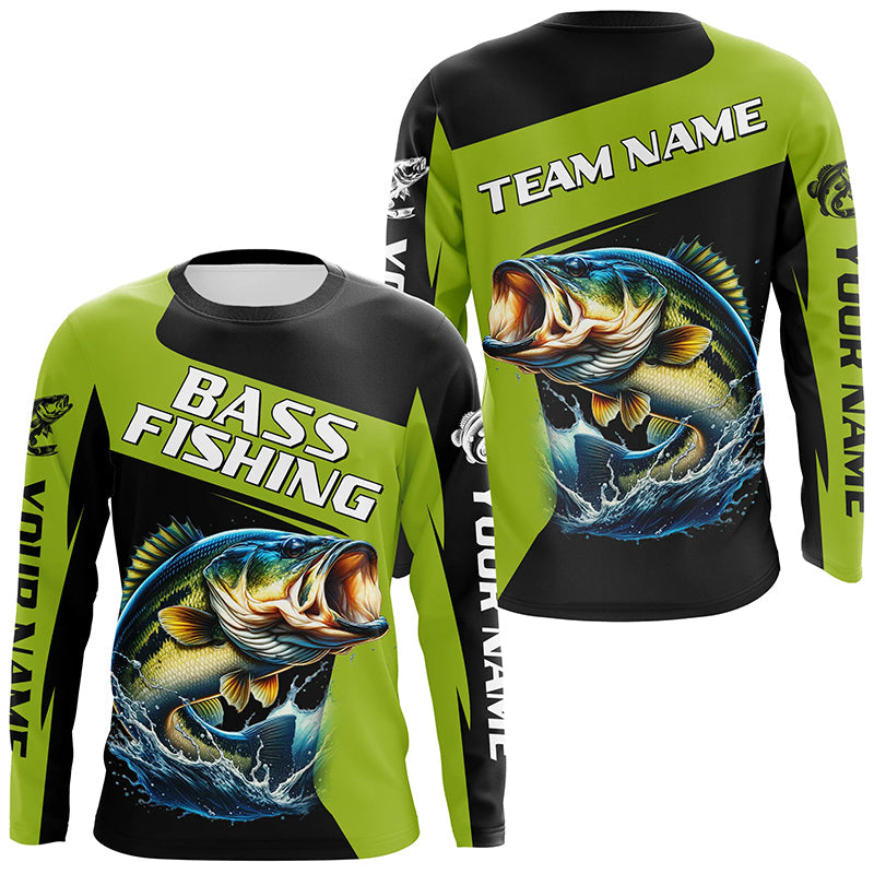 Black Green Bass fishing Custom Long Sleeve Tournament Fishing, Performance Bass Fishing NQS7475