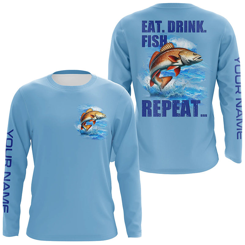 Redfish puppy drum Fishing Custom Long Sleeve Performance Fishing Eat Drink Fish Repeat | Blue NQS6612