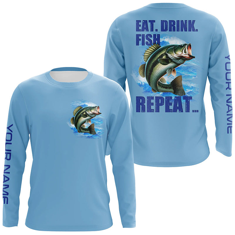 Largemouth Bass Fishing Custom Long Sleeve Performance Fishing Eat Drink Fish Repeat | Blue NQS6613