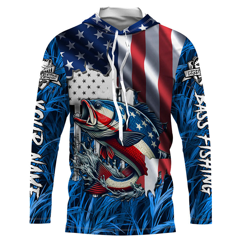 American flag patriot Largemouth Bass blue camo fishing, custom long sleeve sun protection NQS4361