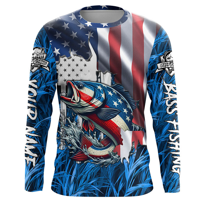 American flag patriot Largemouth Bass blue camo fishing, custom long sleeve sun protection NQS4361