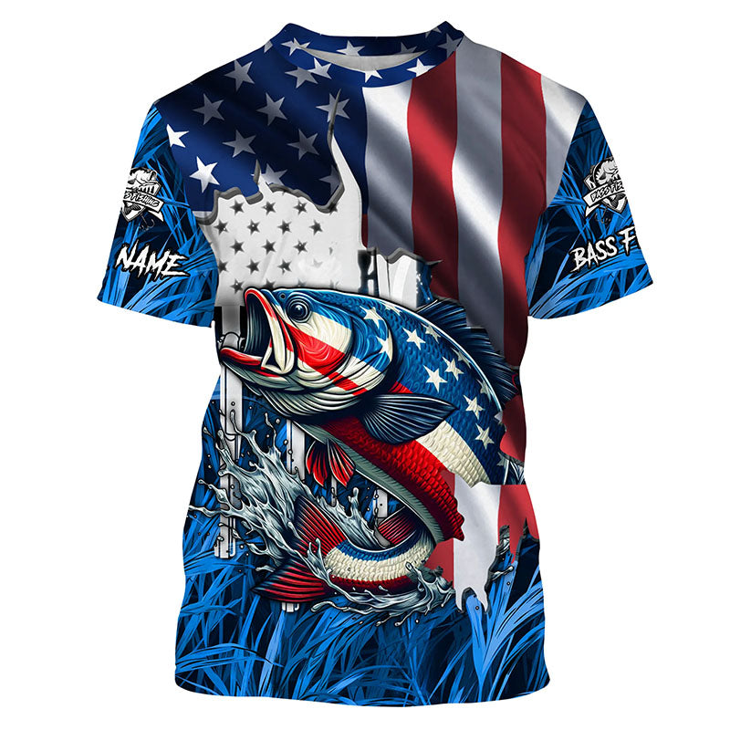 American flag patriot Largemouth Bass blue camo fishing, custom long sleeve sun protection NQS4361
