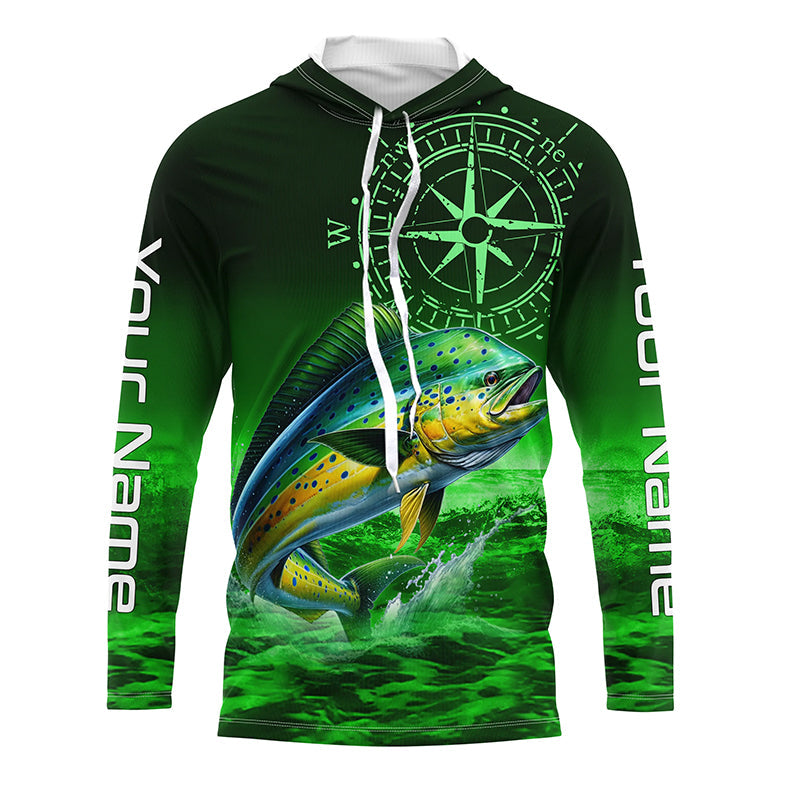 Personalized Mahi mahi Green Long Sleeve Performance Fishing, Dorado compass tournament NQS5951