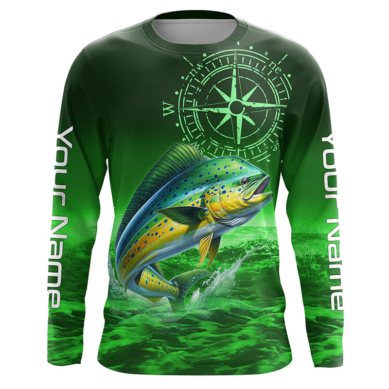 Personalized Mahi mahi Green Long Sleeve Performance Fishing, Dorado compass tournament NQS5951