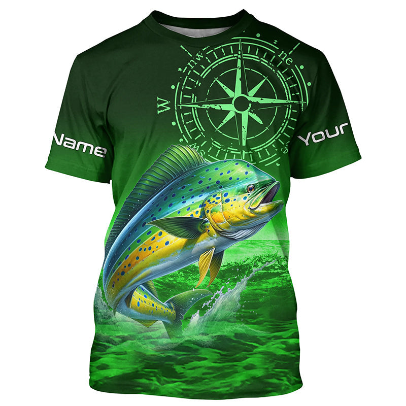 Personalized Mahi mahi Green Long Sleeve Performance Fishing, Dorado compass tournament NQS5951