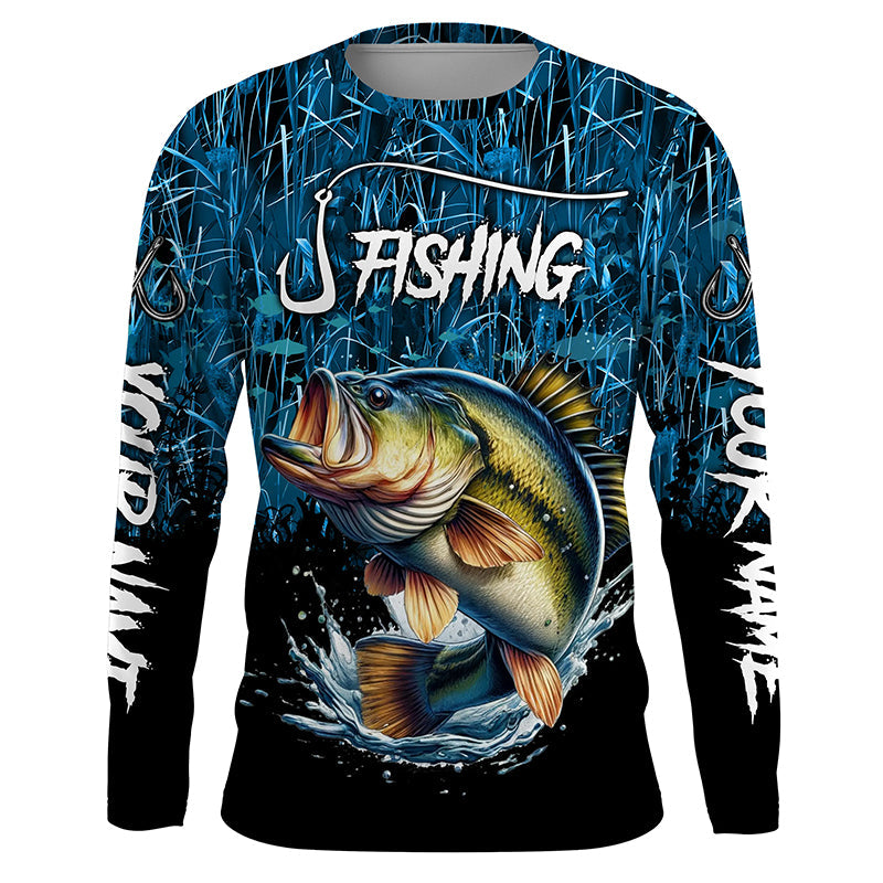 Largemouth bass Fish blue camo fishing Custom name long sleeves fishing NQS4142