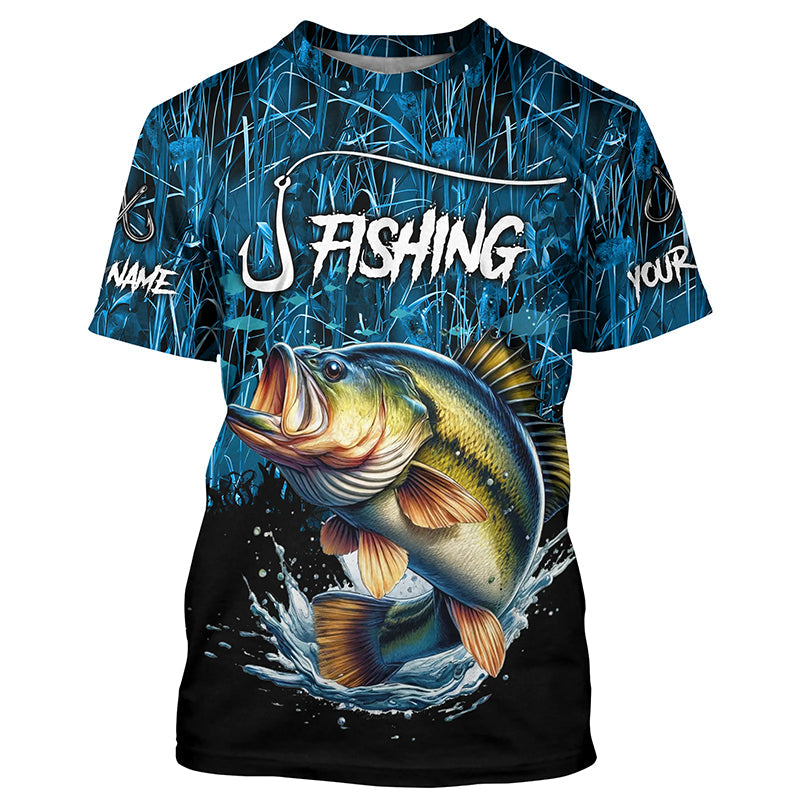 Largemouth bass Fish blue camo fishing Custom name long sleeves fishing NQS4142