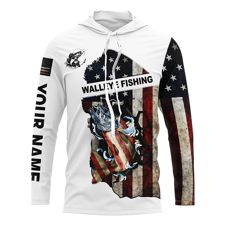 American flag Walleye patriotic fishing UV long sleeve Custom name fishing apparel NQS2513