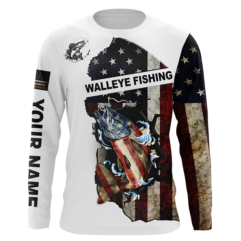 American flag Walleye patriotic fishing UV long sleeve Custom name fishing apparel NQS2513
