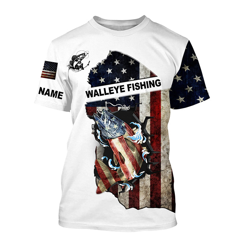 American flag Walleye patriotic fishing UV long sleeve Custom name fishing apparel NQS2513