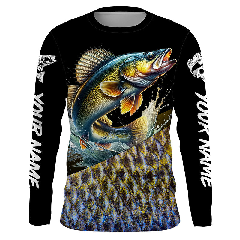 Personalized Walleye scales Fishing, Custom Long Sleeve Performance walleye Fishing NQS4949
